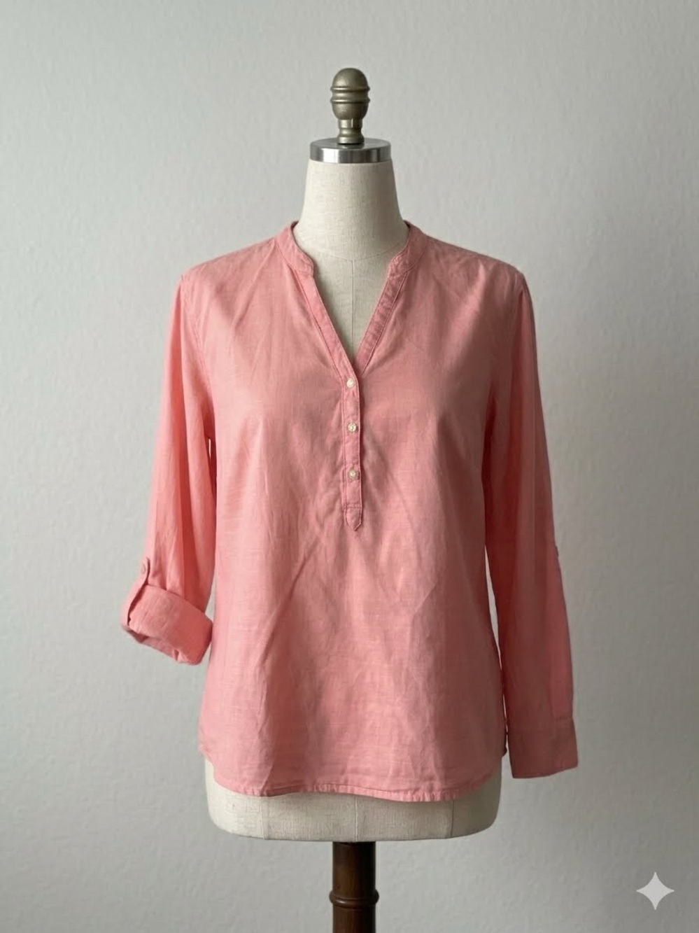 Lee Coral Pink V-Neck Button-Placket Tunic, Size L